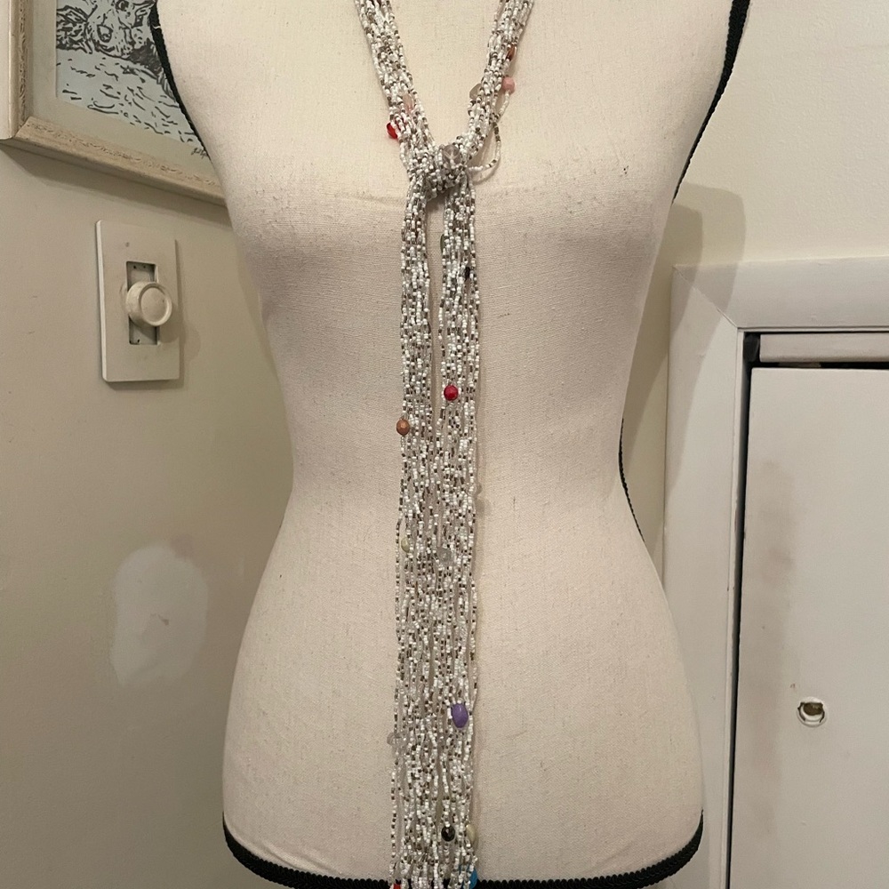 Silver Beaded Lariat Necklace Elegant with Multicolor Accents